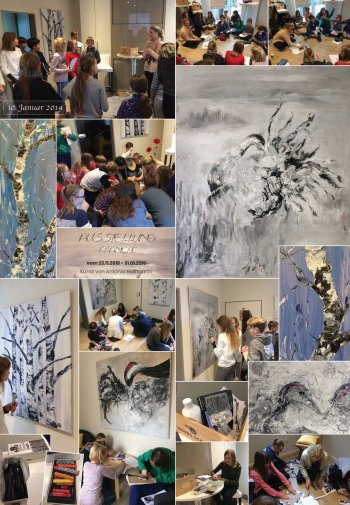 <p>Die Schulgarten-AG hatte am 10.01.19 die M&ouml;glichkeit, eine Kunst-Ausstellung von Antonia Hoffmann zu besuchen. Die Teilnehmer erfuhren zun&auml;chst etwas &uuml;ber Maltechniken, dann &uuml;ber Kraniche und Birken und anschlie&szlig;end durften sie selbst k&uuml;nstlerisch aktiv werden.<br />Die Zwischenergebnisse&nbsp;wurden in der folgenden Woche unter Anleitung von Antonia Hoffmann fertiggestellt, wobei weitere&nbsp;Maltechniken ausprobiert werden konnten. Die&nbsp;fertigen Werke&nbsp;waren&nbsp;in einer Ausstellung vor KU 1&nbsp;zu sehen.</p>