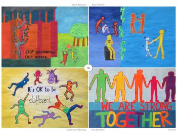 Zu Jahresbeginn 2019 waren Plakatbilder aus der Klasse 9a in der Mensa zu sehen. Die Schülerinnen und Schüler hatten die Aufgabe, mit ihrem Bild zu einem aktuellen Problem, das sie besonders beschäftigt, Stellung zu nehmen und für eine Idee bzw. eine bestimmte Verhaltensweise zu werben. Gestaltungsmittel Keith Harings und der Graffiti-Kunst, die im Unterricht erarbeitet worden waren, sollten für das eigene künstlerische Projekt sinnvoll genutzt werden.