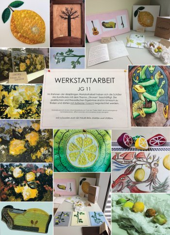 <p>Ausgestellt sind Werke des 11 Jahrgangs, die sich im Rahmen der Werkstattarbeit mit dem Motiv der Zitrone auseinandergesetzt haben. Die unterschiedlichen und vielf&auml;ltigen Ergebnisse sind auf die Arbeitsweise der &bdquo;Werkstattarbeit&ldquo; zur&uuml;ckzuf&uuml;hren, die eine fachspezifische Methode modernen Kunstunterrichts ist. Sie bietet den Sch&uuml;lern einen hohen Grad an Neigungsdifferenzierung an, sodass sich vielf&auml;ltige Techniken wie Malerei, Plastik, Fotografie, Collage oder Squilling in einem Thema vereinen lassen.<br />Dabei haben die Sch&uuml;ler sowohl theoretisch als auch praktisch zum Thema Zitrusfr&uuml;chte gearbeitet, um ihre Ideen und Anregungen anschlie&szlig;end in einem Gesamtkunstwerk zusammenzuf&uuml;hren.</p>